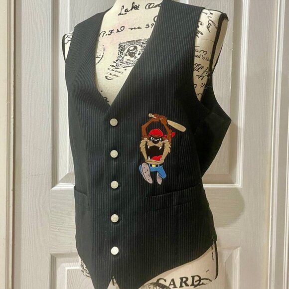 VINTAGE 1992 LOONEY TUNES TAZMANIA DEVIL 100%COTTON BLAZER VEST Sz S Cartoons - Picture 15 of 16